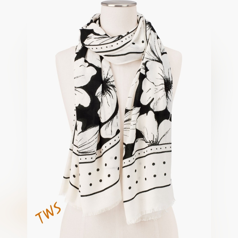 Talbots Black and White Floral Wrap with Polka‎ Dot Border